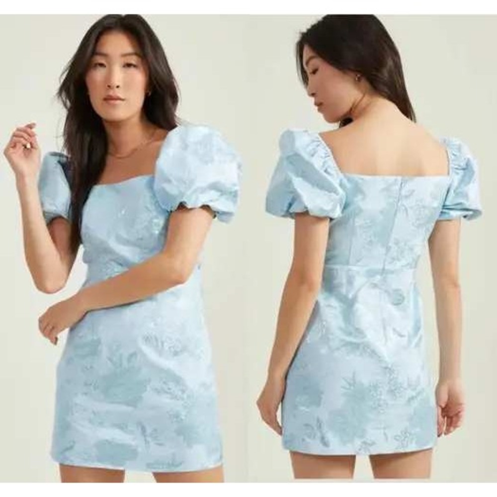NWT Altar'd State Skyler Floral Mini Dress Puff Sleeve Square‎ Neck Blue Medium